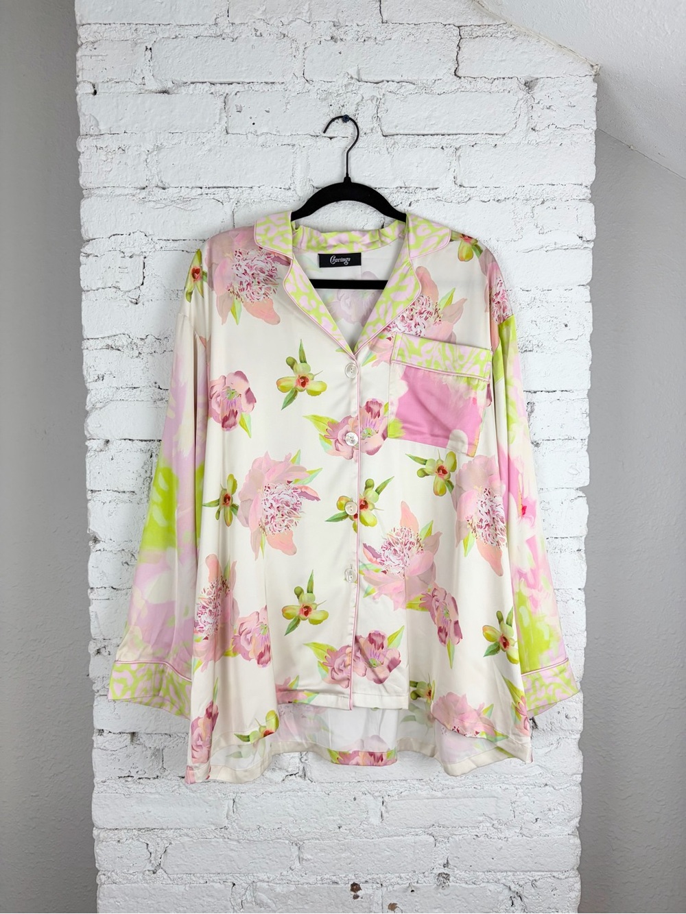 Cravings Chrissy Teigen Spill The Tea Button Down Silky Pajama Blouse 4 L XL